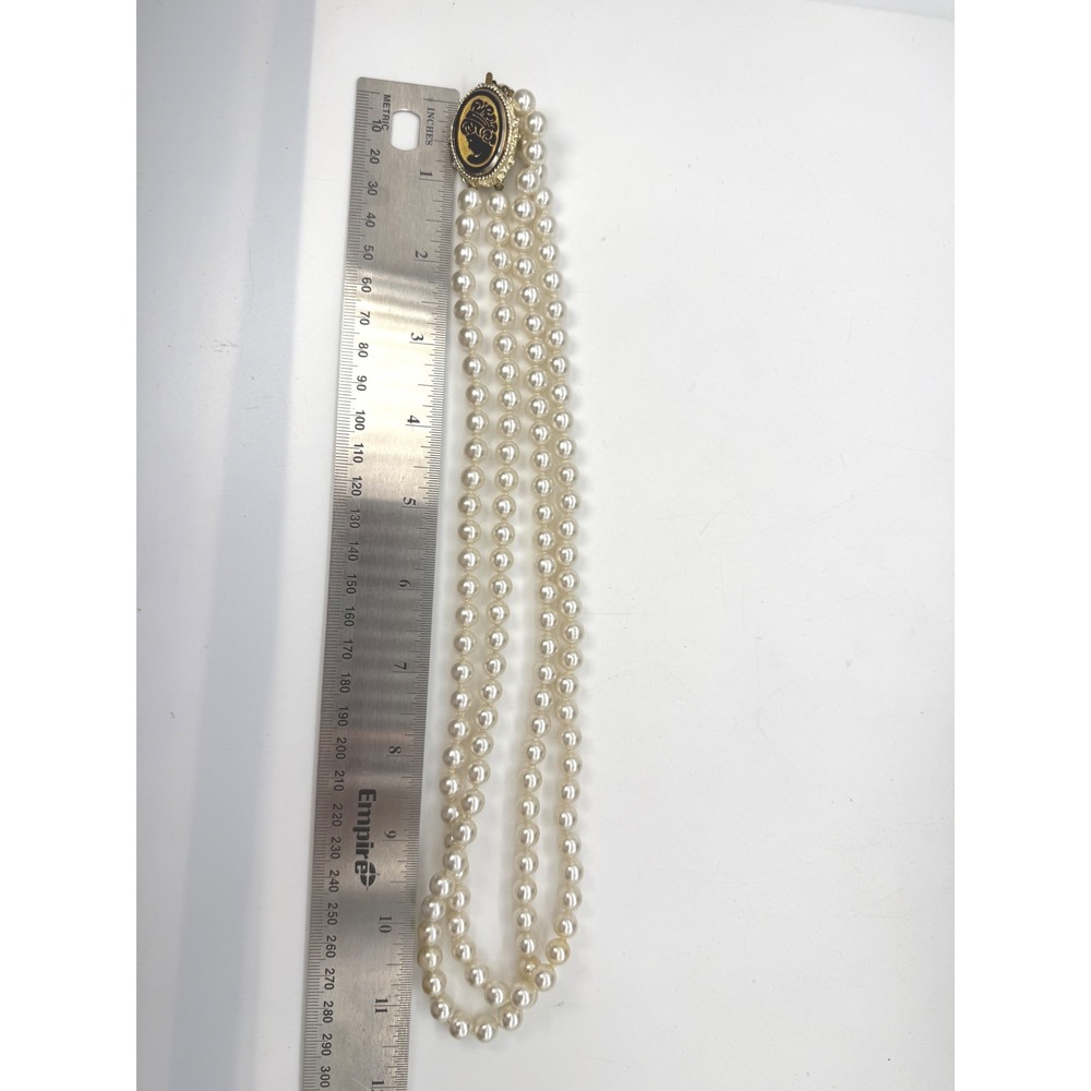 Vintage Double Strand Faux Knotted Pearl Necklace Gold Tone Black Cameo Clasp - Picture 7 of 8